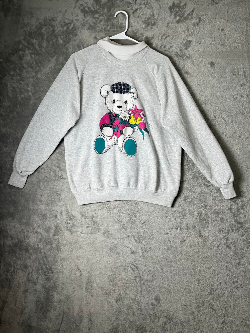 Vintage 90's Heather Teddy Bear Floral Graphic Double Collar Pullover Sweatshirt
